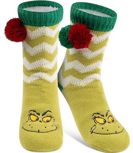United Labels The Grinch Hüttensocken - Haussocken mit Bommel & Sherpa Futter für Damen Kuschelsocken Flauschige Wintersocken warme Frauen Socken OneSize Grün
