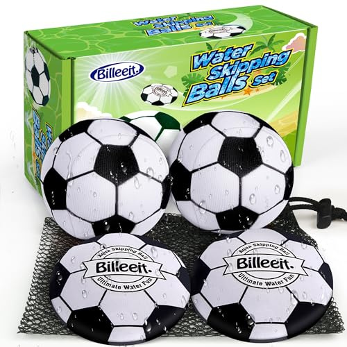 Billeeit 4 Stück Wasserspringbälle für den Pool, Wasserspielzeug für Kinder im Alter von 4 bis 8 Jahren, 8 bis 12 Jahren und Erwachsene, inklusive 2 Bällen und 2 Scheiben (Fußball-Thema)