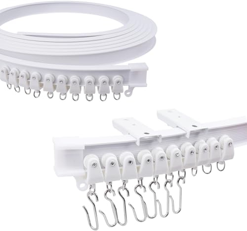 VirtuGro 5 m lange Deckenvorhangschiene, flexibel, biegbar, gebogene Vorhangschienen und Beschläge mit S-Haken für Erkerfenster, Raumteiler, ovale Dusche, Badezimmer, Wohnmobil, Duschecke, Weiß