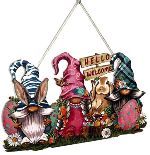 Ostertür Hängedeko Holzschild - Wichtel Häschen Ostern Türschild | Osterhase Türhänger | Ostern Türschild | Hallo Willkommen Häschen Zwerge Osterdekorationen
