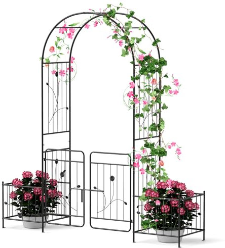 RELAX4LIFE Rosenbogen 201 x 50 x 218 cm, Gartenbogen aus Metall, Torbogen mit Türen & 2 Pflanzkästen, Rankbogen Rankhilfe für Kletterpflanzen Rosen, Rosentor für Hochzeit Garten, Schwarz