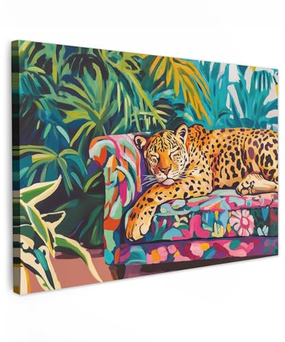 MuchoWow© Bild auf Leinwand 60x40 cm Schlafzimmer Bilder Badezimmer Wand Deko Wohnzimmer Modern Wanddeko Bilderwand Geschenk Leopard - Bunt - Tropisch