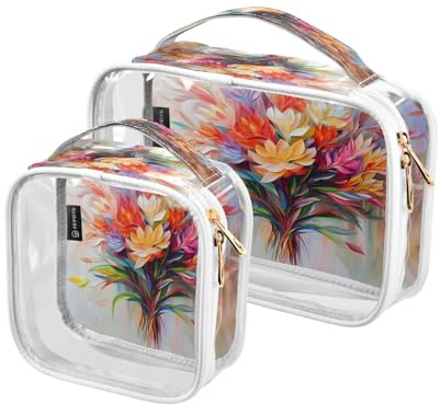 Beauty case trasparente con bouquet di fiori, confezione da 2 sacchetti trasparenti per trucco con manici per viaggi, Multicolore, 2 pezzi
