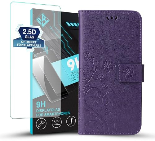 LBH Handy Hülle für Motorola Moto G14 Case mit 9H Displayglas Handytasche Schmetterling Blumen Flower Standfunktion Schutzhülle Magnet Rundum Schutz 360 Grad Flipcase Violett