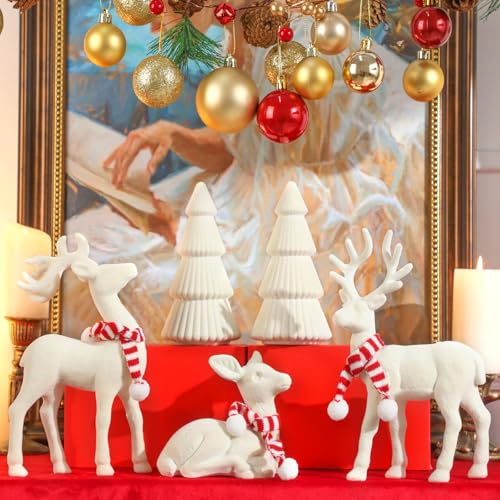 Lanpn Weihnachten Samt Rentier & Baum Figur Set, 5 STK Weiß Rentier Bäume Skulptur Ornamente, Weihnachtliche Elch-Statue Hirsch Skulptur, Weihnachtsfigur Tischdeko Haus Mantel Winter Urlaub Dekor
