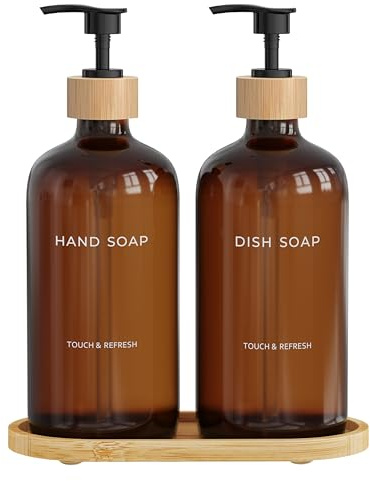 Amber Soap Dispenser Set with Tray - Hand and Dish Soap Dispenser with Bamboo Pump Bottles for Kitchen Sink, Modern Kitchen Decor & Accessories (Amber)
