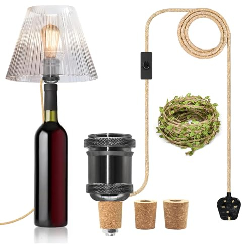ZRLXFM DIY Bottle Lamp Kit with Black Ceramic Base, Metal E27 Lamp Holder with Switch, 240cm Jute Cord, 3 Size Bottle Stoppers and 5 Metre Green Leaf Hemp Cord