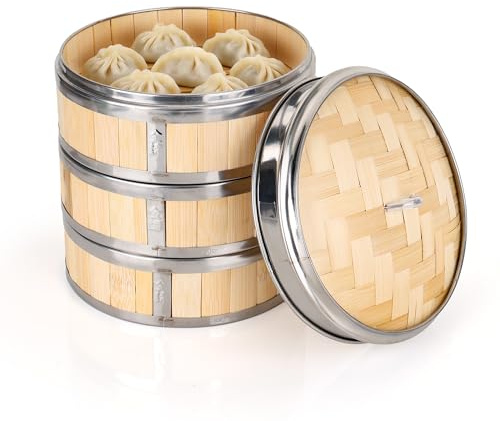 WENLISELL 3 Tier Bamboo Steamer 8 Inch, Dumpling Steamers with Lid | 20cm, Metal Rings, Steamer Basket, For Dim Sum, Bao Buns, Meat, Fish