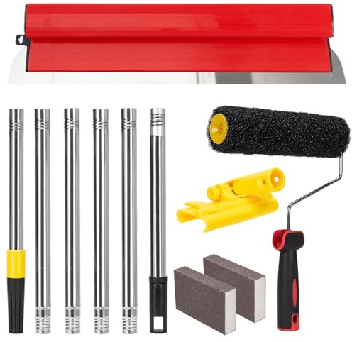 Kit plaquiste complet pour enduit et rénovation – Lame inox renforcée 60 cm avec perche télescopique 1,8 m, brosse 9”, blocs abrasifs, pour murs et plafonds