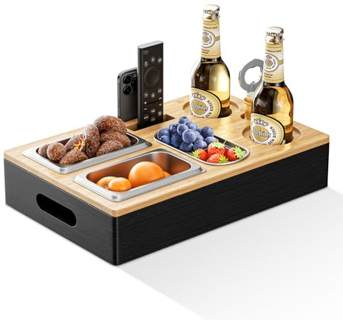 Jradse Snack Tablett, Bambus Couchtisch Tablett mit 6 herausnehmbaren Edelstahl-Schälchen, Multifunktion Sofa Serviertablett, Snack Organizer mit Griff für Filmabend, Partys & Deko