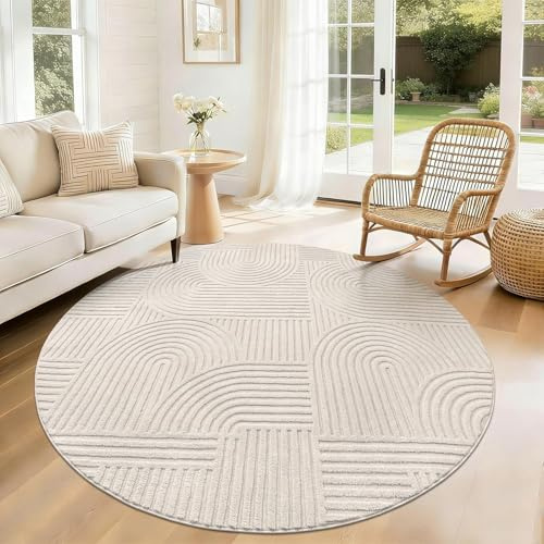 SHACOS Waschbarer Teppich Rund, Runder Teppich rutschfest, Beige 160x160 cm | Moderner Teppich Wohnzimmer Rund, Wohnzimmerteppich Kurzflor Flauschig, Runde Teppiche für Schlafzimmer, Flur, Kinderzimmer