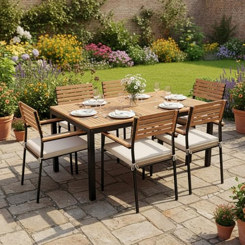 Juskys® Akazienholz Gartengarnitur Rhodos | Tisch, 6 Stühle & Sitzkissen | Holz Gartenmöbel Set 7-teilig | Sitzgruppe mit Stahlgestell für Garten, Terrasse oder Balkon | Natur & Schwarz