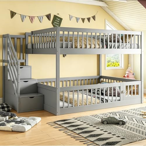 FammyLoft Hochbett Kinder 140x200cm mit Leiterschrank, Etagenbett mit Durchgehendem Gitter, Stockbett aus Massivholz+MDF für Geschwister, Kinderbett, Doppelbett, Ohne Matratze, Grau