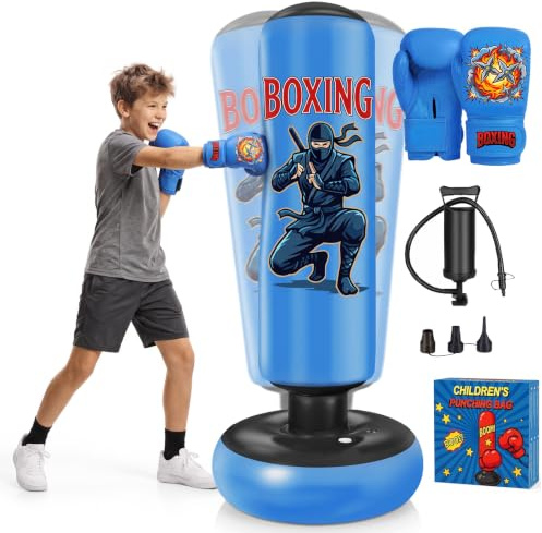 Ninonly Sac de Frappe 165cm avec Gants de Boxe et Pompe pour Enfants Ados | Sac de Boxe sur Pied Gonflable pour Karaté MMA Kickboxing Taekwondo Muay Thai, Cadeau Parfait pour GarçOns et Filles