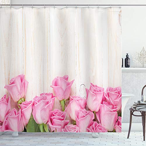 ABAKUHAUS Rose Duschvorhang, Blumen auf Holzplanken, Stoffliches Gewebe Badezimmerdekorationsset mit Haken, 175 x 200 cm, Creme Grün Rosa