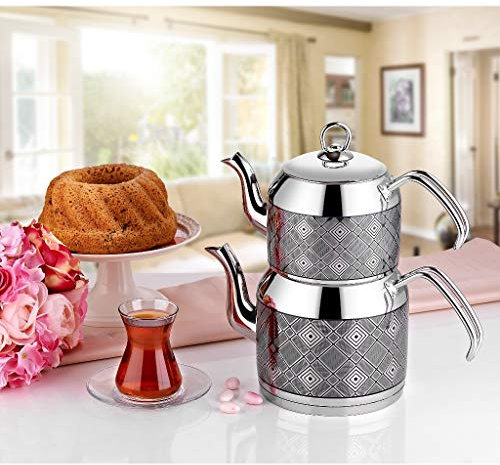 Turkish Double Tea Pot Set, Inter Sahra HASIR Decorated Stainless Steel Teapot (Grey, Mini)