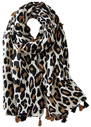 KRUIHAN Frauen Weichen Langen Hals Schal - Damenmode Leopard Tiermuster Cape,Abendgesellschaft Stilvolle Accessoires mit Quaste(Stil B-Beige)