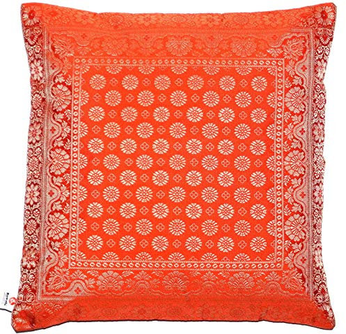 Ruwado Handgewebt und Handgefertigt Indische Banarasi Seide Kissenbezug, Zierkissenbezug, Sofakissenbezug, Dekokissen - Blumen Muster 40 x 40 cm | 16 x 16 Zoll, Rost-Orange.