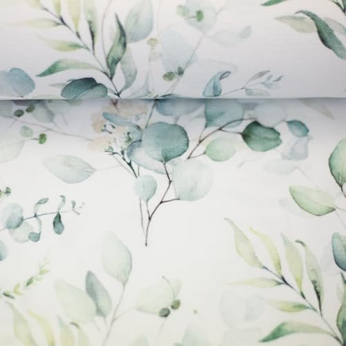 Doppelmoppel Jersey Stoff Meterware Blumen Eukalyptus Aquarell Watercolor, natur weiß | Meterware | 0,5 m x 1,60 m