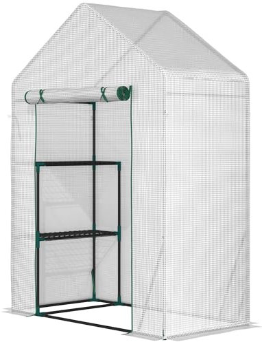 Outsunny Invernadero de Exterior Invernadero Pequeño con 4 Estantes Puerta Enrollable con Cremallera y Marco de Acero Invernadero para Cultivos Plantas Flores 143x73x195 cm Blanco
