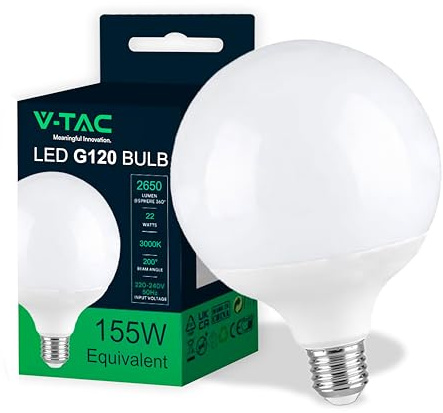 V-TAC Bombilla LED Globo E27-22W (Equivalente a 155W) G120-2600 Lumen - Bombilla LED Máxima Eficiencia y Ahorro Energético - 3000K Blanc Cálido