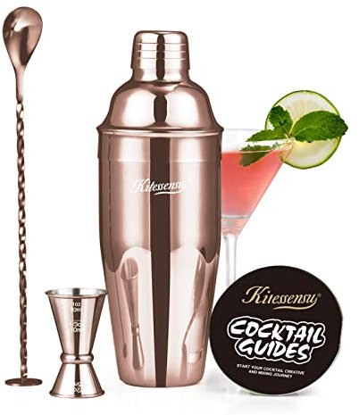 KITESSENSU Cocktail Shaker Set, Stainless Steel Bartending Kit with 25 Ounce Cocktail Shaker with Built in Drink Strainer, Measuring Jigger, Mixing Spoon & Drink Recipe Guide, Rose Gold