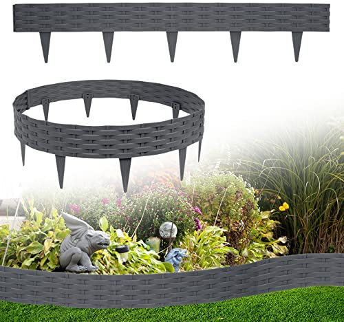 UISEBRT Borde de plástico para césped de 10 m, cercado para jardín, bordes de parterres, aspecto de ratán, palisadas, decoración para jardín, color antracita