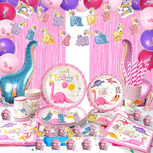 Ywediim Juego de vajilla para decoración de Fiesta de cumpleaños de Dinosaurio Rosa, Suministros para niños con Tema de Dinosaurio, Sirve 20, Incluye Platos, Tazas, servilletas, pajitas