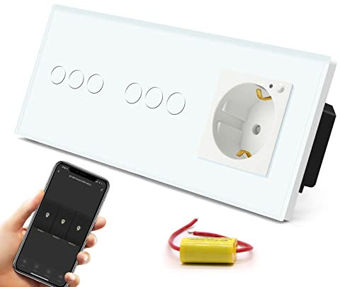 BSEED Interruptor de Luz Táctil WiFi Inteligente,Panel de Cristal,Compatible con Alexa, Smart Life y Tuya (No Necesita Cable Neutro),2 * 3 Gang con 1 WIFI Enchufe,228mm Blanco