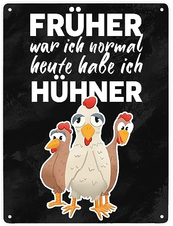 Früher war ich normal heute habe ich Hühner Metallschild XXL in 28x38 cm für Hühnerhalter lustiges Blechschild für den Hühnerstall mit drei Hühnern