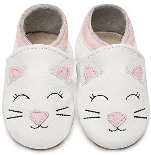 IceUnicorn Krabbelschuhe Baby Lauflernschuhe Jungen Mädchen Weicher Leder Babyhausschuhe Kleinkind Rutschfeste Lederschuhe Baby(Weiße Katze, 6-12 Monate)