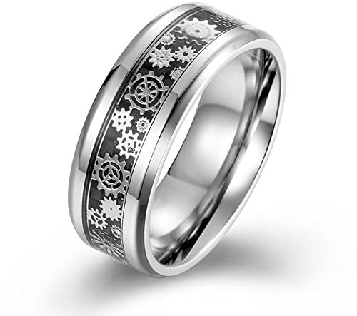 Stfery Eheringe Titan Carbon, Ring Silber 60 Damen Mechanisches Getriebe Modeschmuck Hochzeitstag Geschenke