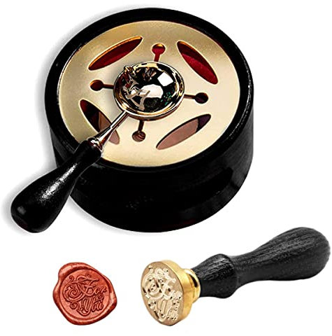 Wachssiegelwärmer,Wachssiegelwärmer Schmelzset,Holz Wachsheiztopf mit Schmelzlöffel,Siegelwachs Schmelzofen Feuerlackversiegelung für Stempelversiegelung Geschenkverpackung Private Envelop(Schwarz)