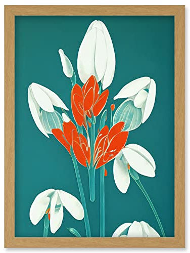 Wee Blue Coo Abstract Snowdrops Red Flowers on Teal Retro Mid Century Style Artwork Framed Wall Art Print A4