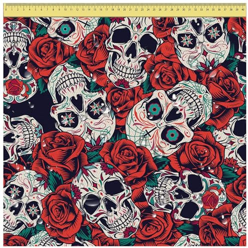 DreamRoots Segeltuch Wasserdicht - Polsterstoff Meterware 160 cm breit - Wasserabweisender Stoff 220 g/m2 600D - Markisenstoff Wasserdicht Meterware Red Roses Skull 1M