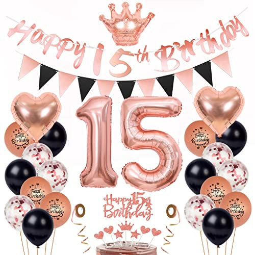 Décoration 15 ans anniversaire fille, Ballon 15 ans anniversaire or rose noir, Topper gâteau 15 anniversaire fille, 15 Anniversaire Fille Ballon, 15 Ans Décorations Anniversaire, 15 Gâteau Topper