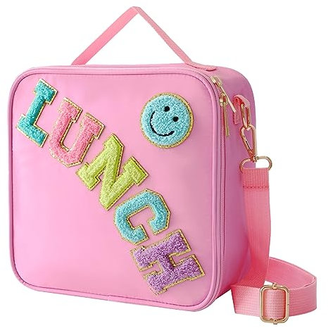 Insulated Lunch Bag With Adjustable Shoulder Strap, Nylon Preppy Lunch Box Large Insulated Lunch Bag Reusable Lunch Tote Bag with Smiley Preppy LunchBag for Girls School Travel Picnic (Pink)