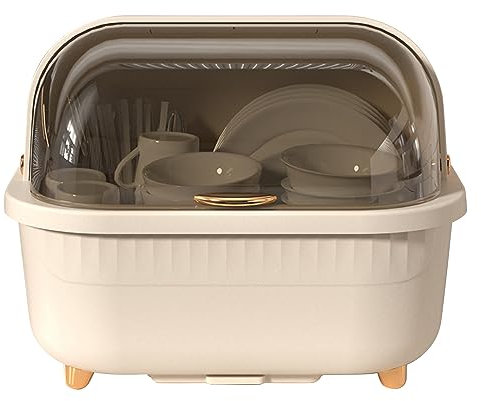 Escurridor de Platos con Tapa Caja de Secado de Platos de Plástico Escurridor de Platos Multifuncional para Ahorro de Espacio para Accesorios de Cocina (Albaricoque M)