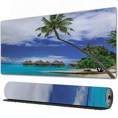 Gaming Mauspad XXL 750 x 400 x3 mmTropische Wasserbungalows des Tropical Resort Mousepad Groß Vernähte Kanten WassXerdicht Anti-Rutsch für PC,MacBook,Laptop Verbessert Präzision und GeschwindigkeiX