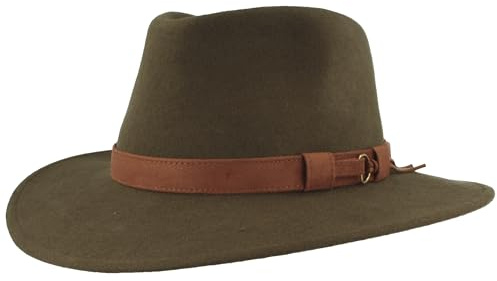 Breiter Sombrero de Fieltro Enrollable para Exteriores, 100% Lana, Impermeable, Plegable, Ribete de Piel Cuero, Hhombre y Mujer, Verde Oliva-Flecos 55