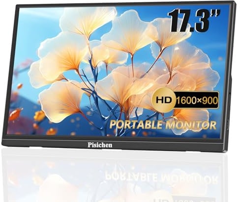 Pisichen 17.3 Portable Monitor, HD 1600x900, USB-C HDMI, Built-in Speakers & Kickstand, Compatible with Laptops, PCs, Gaming Consoles