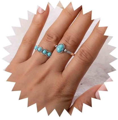 Cimenexe Bohème Türkis Fingerringe Silber Türkis Stein Ringe Blau Türkis Knöchel Ring Vintage Oval Türkis Ringe Schmuck Für Frauen Und Mädchen Geschenke 2 Stück