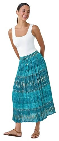 Roman Originals Gypsy Maxi Skirt for Women UK Ladies Tiered Bohemian Long Ankle Length Cotton Elasticated Waistband High Waist Monochrome Lounge Lightweight Holiday - Aqua & Gold - Size 12