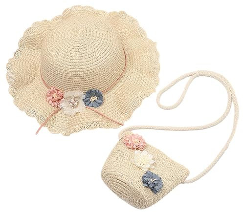 HIMKI Strohhut Mädchen Strohhut mit Tasche Kinder Sonnenhut Süßer Sommer Strandhut + Strohtasche für Mädchen Reisehut mit Blumendeko für Urlaub Reise Outdoor, Kopfumfang: 52-54 cm (Stroh, Beige)