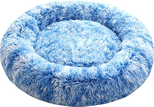 Comlax Beruhigende Donut Hundebetten XXXL, Rundes Kissen mit abnehmbarem waschbarem Bezug, Anti-Angst-Kunstfell-Kuscheltier, Flauschiges, bequemes, pelziges Haustierbett (115cm, Blau)