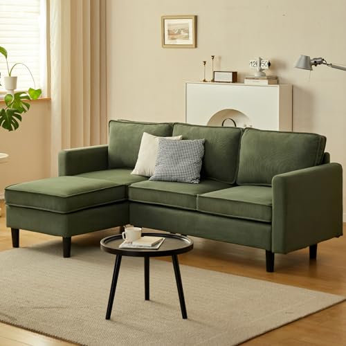 Cpintltr L-förmige Couch, 3 Sitz Leinen Futon Sofa Bett, Convertible Sleeper Sofa mit konischen Holzbeinen, Mid Century Modern Couches für Schlafzimmer (Grün)