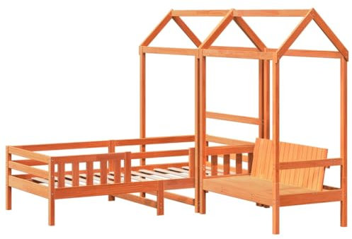 vidaXL Massivholzbett, Bett Sitzbank mit Dach Sperrholzlatten, Bettgestell für Schlafzimmer Kinderzimmer, Kinderbett, Orange 100x200cm Massivholz Kiefer