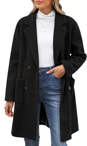 CMTOP Long Manteau Femme Hiver Manteaus En Laine À Double Boutonnage Veste À Revers Trench-Coat Epaissie Chic et Élégant Blazer Nizi Coupe-Vent Couleur Unie Classique(Noir,XL)