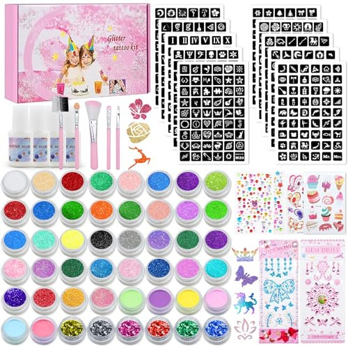 Oneyus 48 Colours Glitter Tattoo Kit, Glitter Tattoos Kit for Kids, 540 Stencils 600 PCS Rhinestones Gems 26 Temporary Tatoos 5 Brushes 4 Glues Waterproof Tattoos, Festival Gillter for Gilrs & Adults