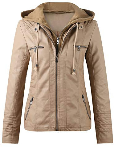 Générique Blousons Femme Veste Cuir Simili Cuir Fermeture Éclair Manteau à Capuche Court Veste Manches Longues Zip Jacket Slim Fit Faux Leather Mi Saison Manteau de moto Col Montant